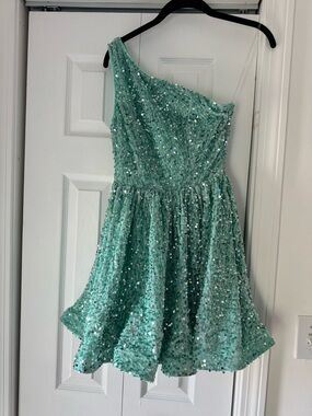 Teen One-Shoulder Sequin Mint Green Party Dress